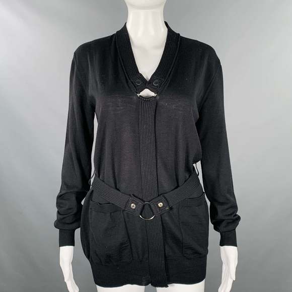 JEAN PAUL GAULTIER Sweaters - JEAN PAUL GAULTIER Black Knit V-Neck Belted Pullover